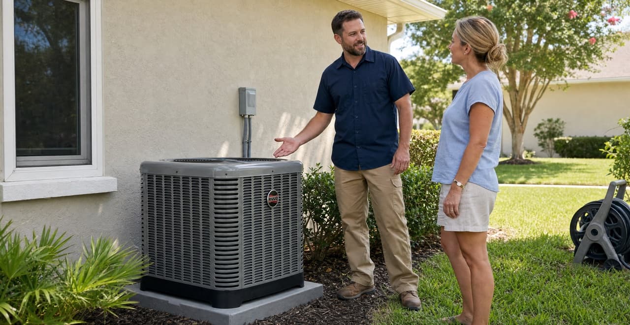 Freedom Air technician servicing an AC system near Auburndale
