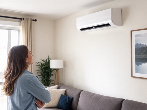 Person standing near an indoor wall-mounted AC unit