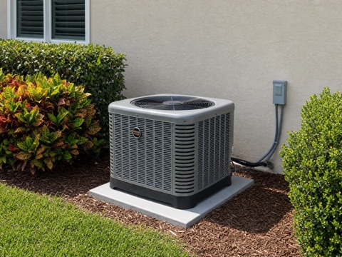 Ruud-style outdoor AC condenser beside a Florida home