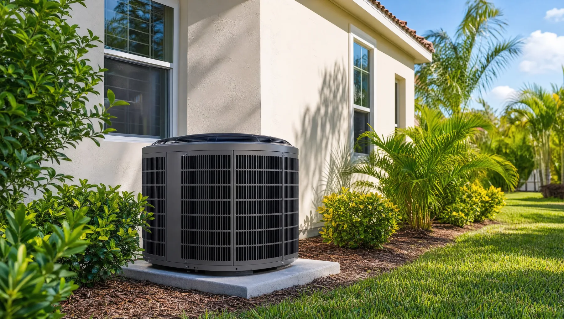 Residential AC condenser with Florida landscaping
