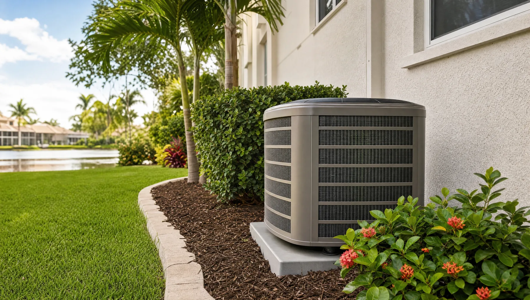 Outdoor central AC condenser beside a Florida home