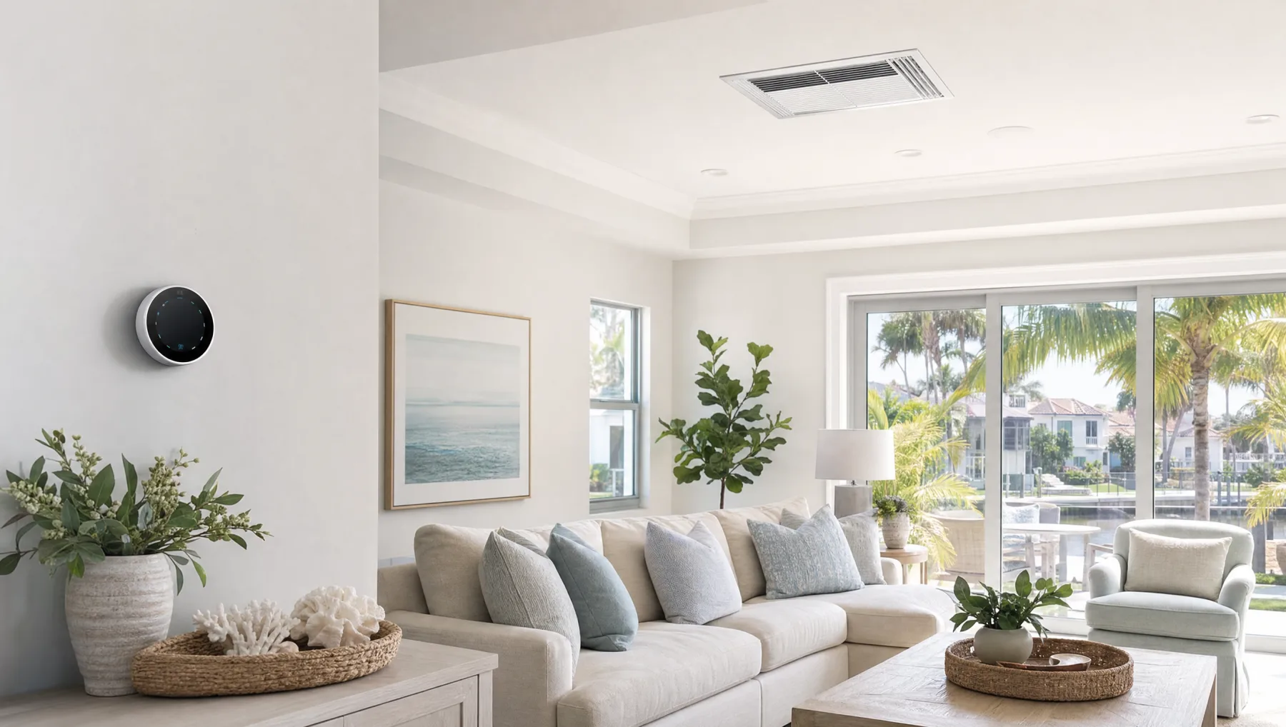Modern Florida family room with a ceiling AC vent and thermostat