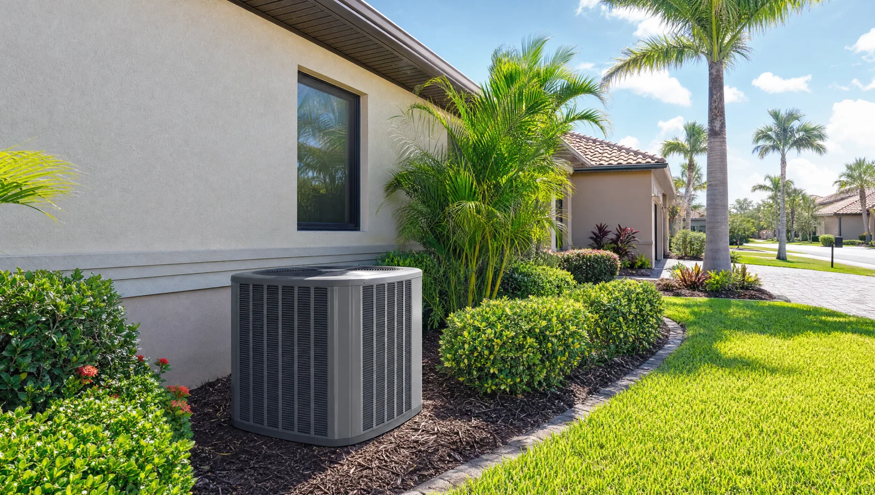 Central Florida home with an outdoor AC condenser beside the house