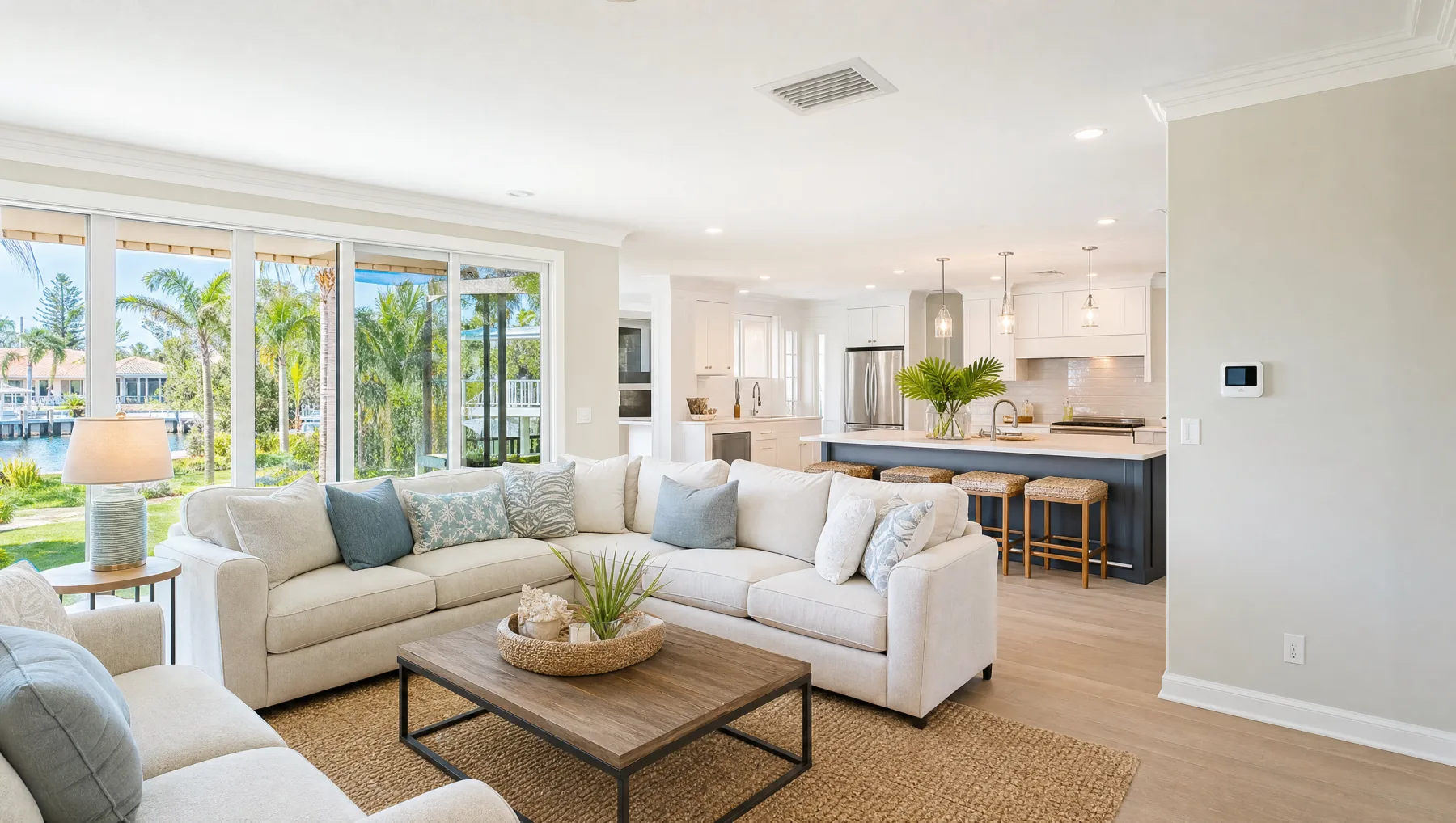 Airy Florida family room with a ceiling AC vent and thermostat