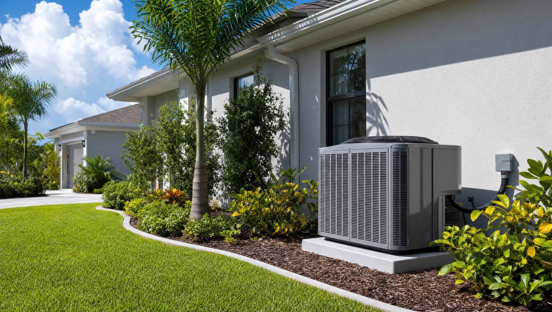 Modern Central Florida home exterior with a residential AC condenser