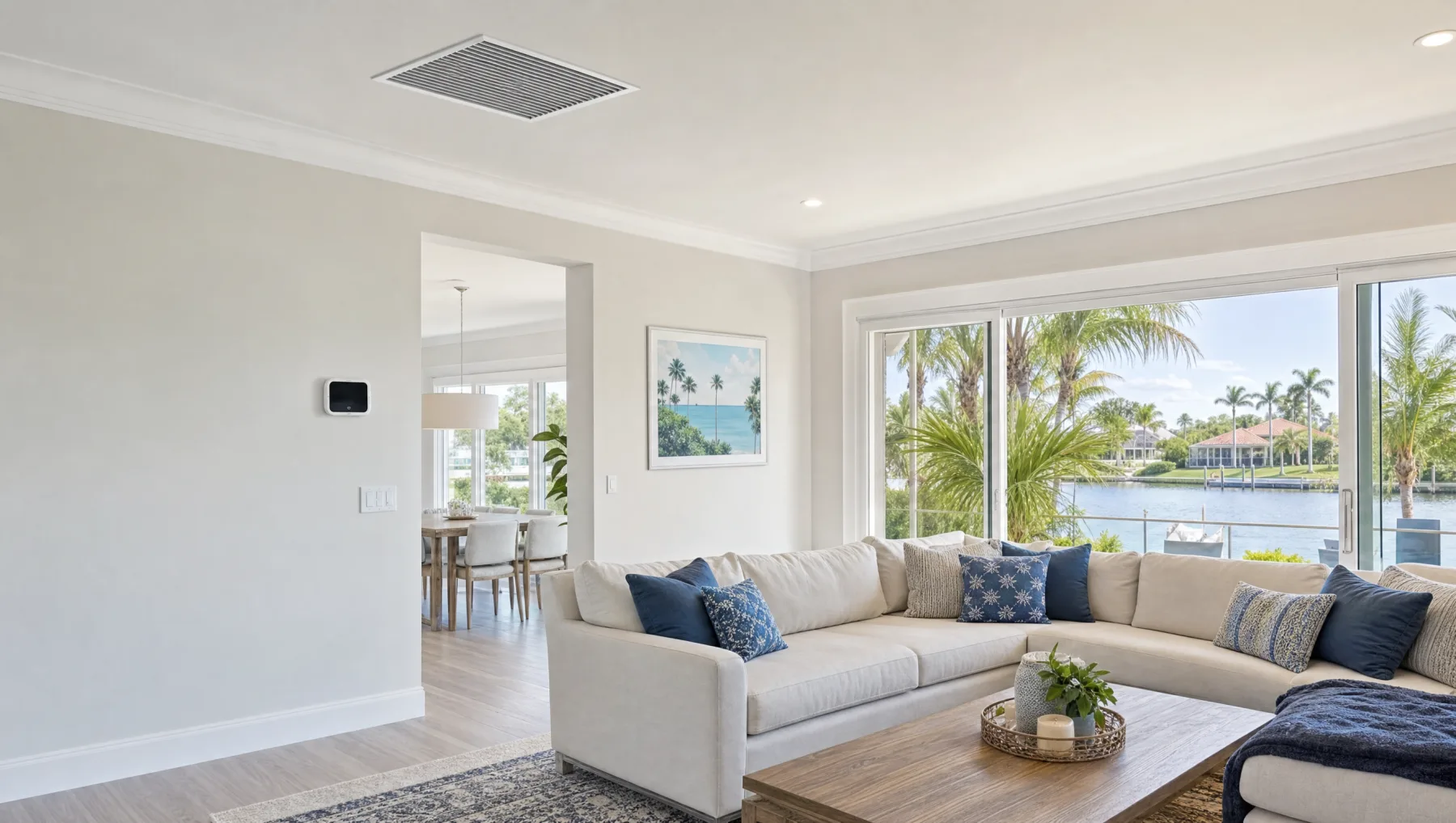 Bright Florida living room with a ceiling AC vent and thermostat