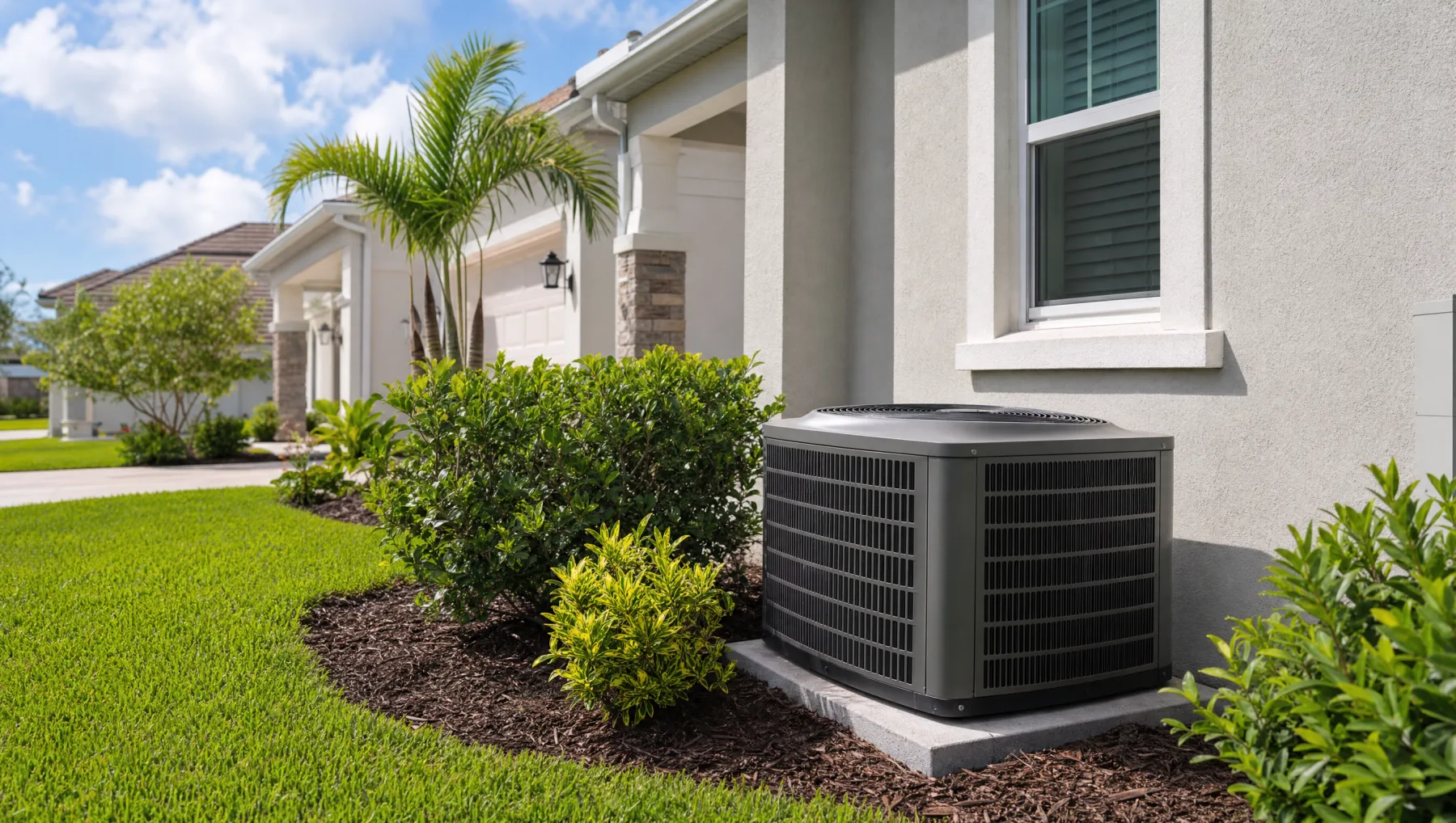 Central Florida home exterior with a residential AC condenser