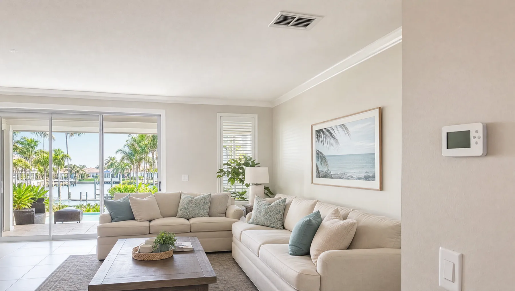 Bright Florida living room with a ceiling AC vent and thermostat