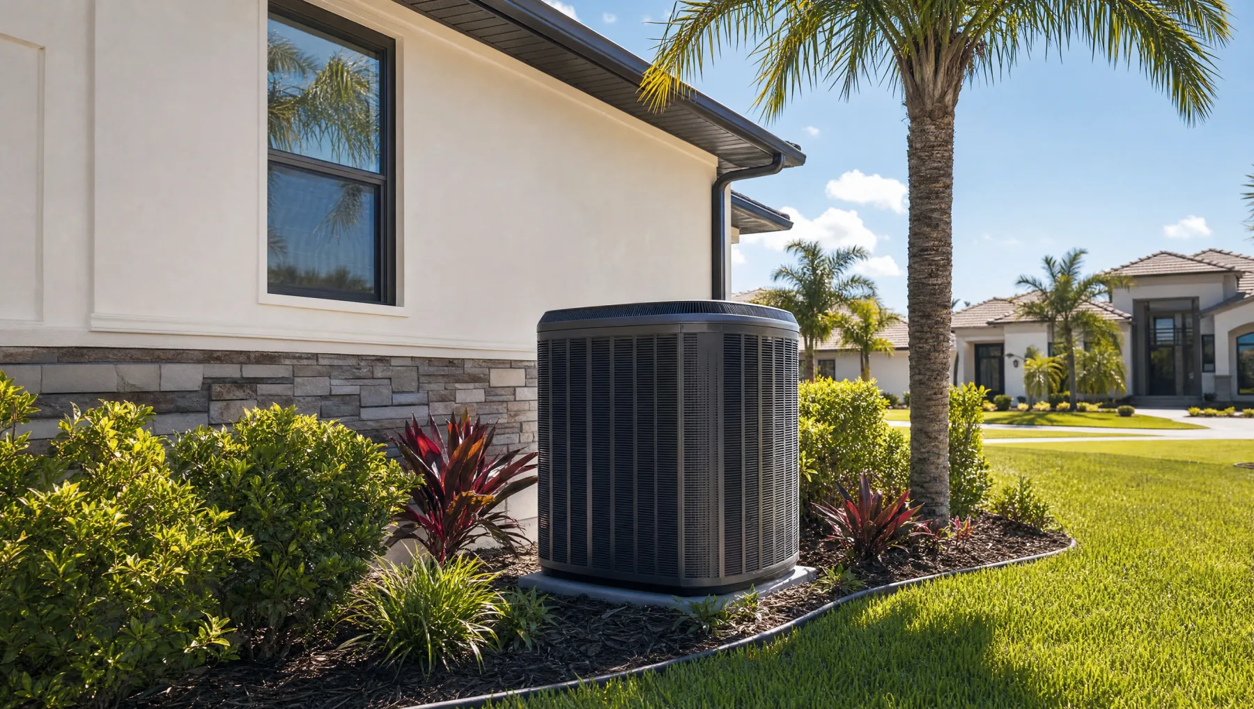 Central Florida home exterior with a residential AC condenser