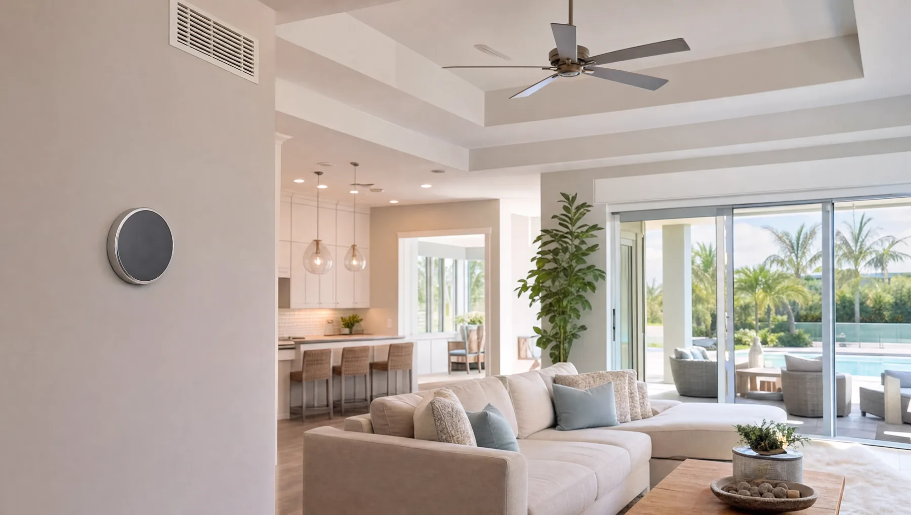 Bright Florida home interior with a thermostat and cooling vent