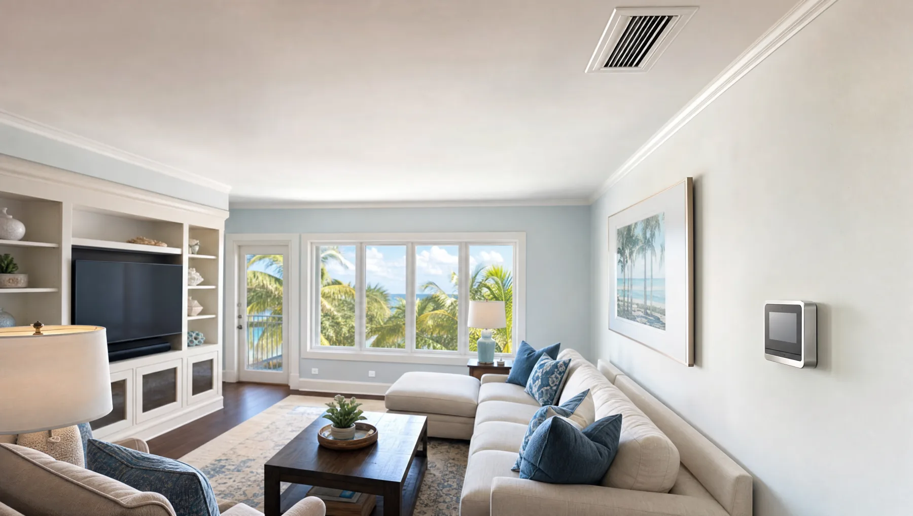 Comfortable living room with an AC vent and thermostat