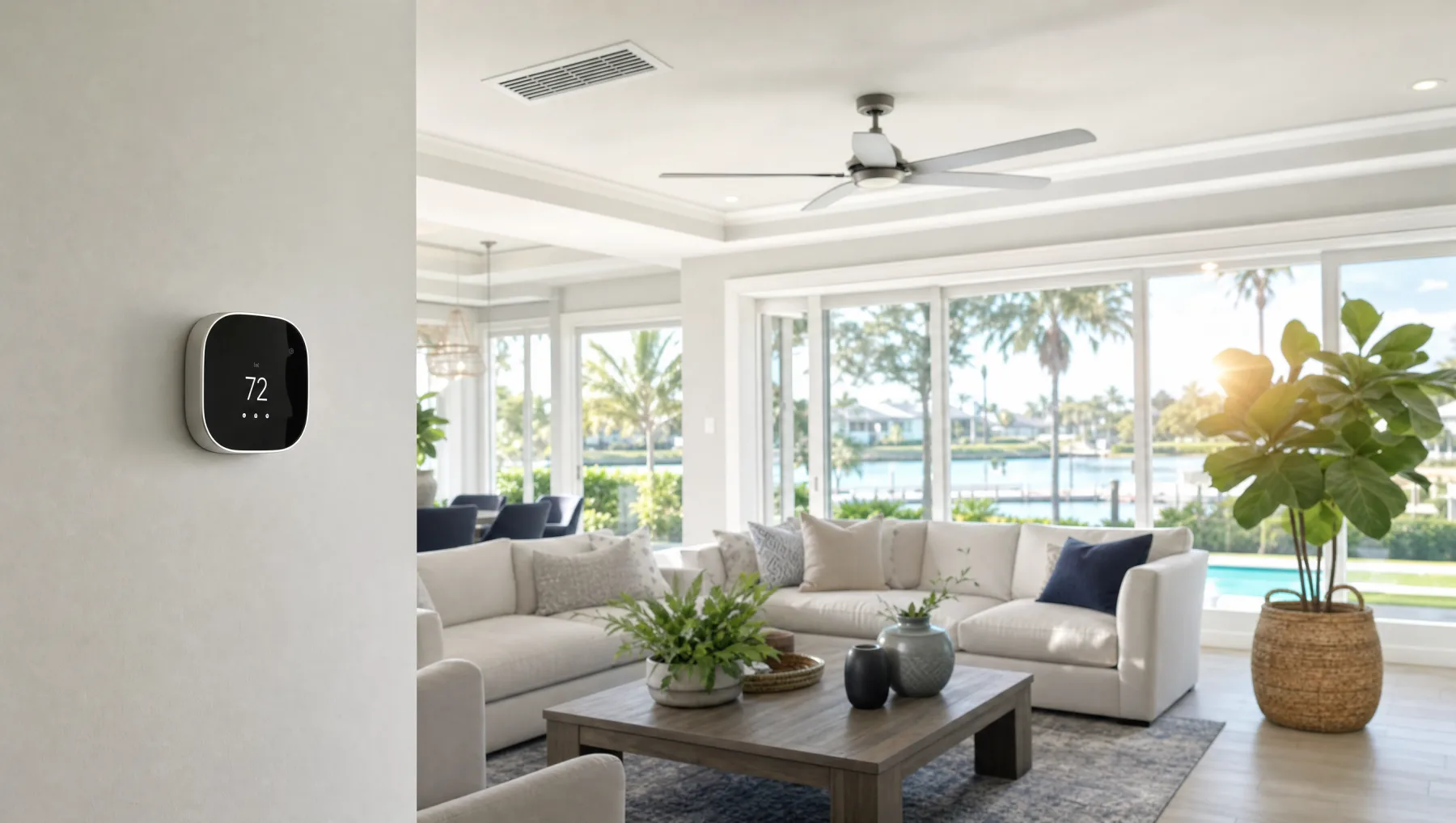Bright home interior with thermostat and cool air circulation
