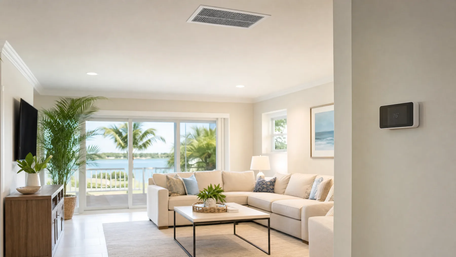Comfortable Florida living room with a thermostat and ceiling vent